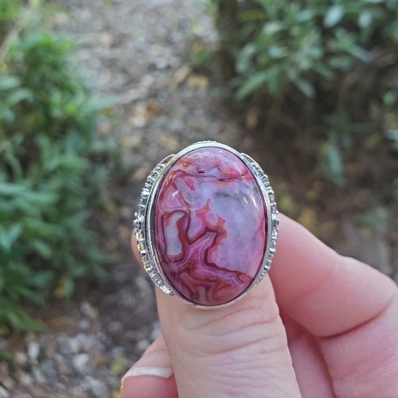 New Crazy Lace Agate Adjustable 925 Silver Unisex Ring. - Picture 2 of 16